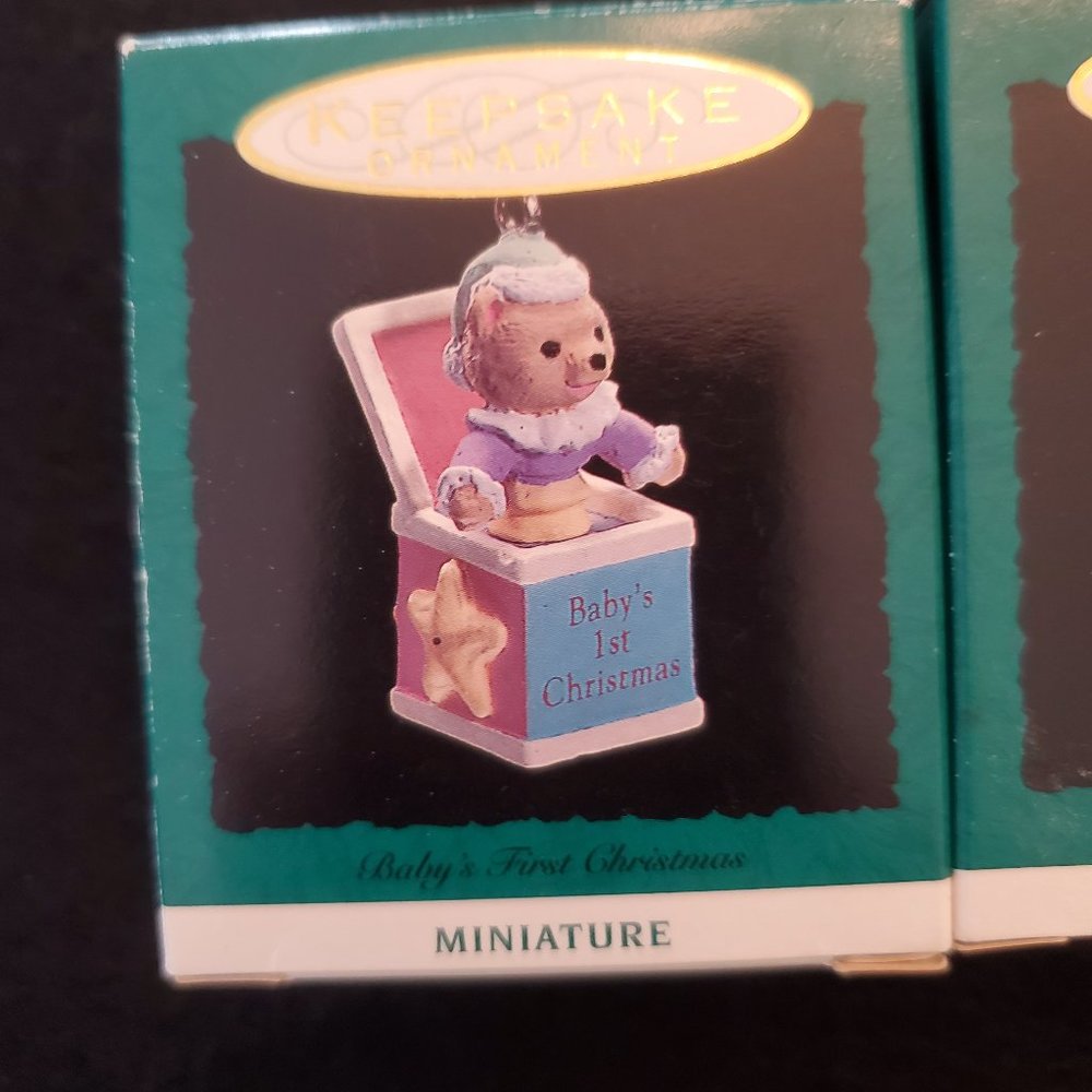 Hallmark Miniature Ornament - Baby's First Christmas - Teddy in the Box NIB